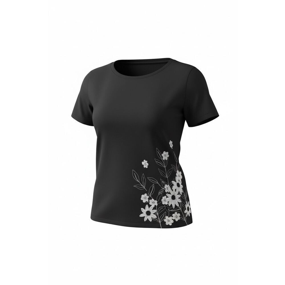Josephine Chaus Embroidered Floral Applique Short Sleeve T-Shirt Black White 1X